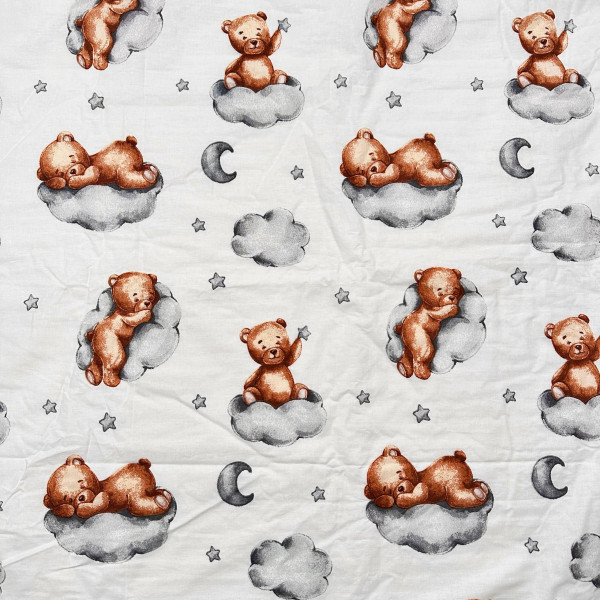 Дитячий двохсторонній пледик плюш+ бавовна Бежевий з ведмедиками на сірих хмаринках